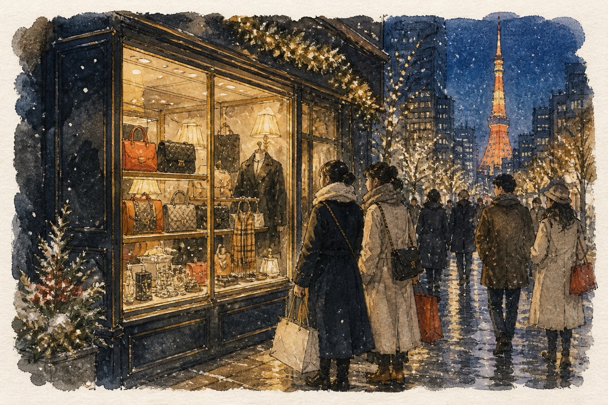 東京年末二手精品店櫥窗水彩畫