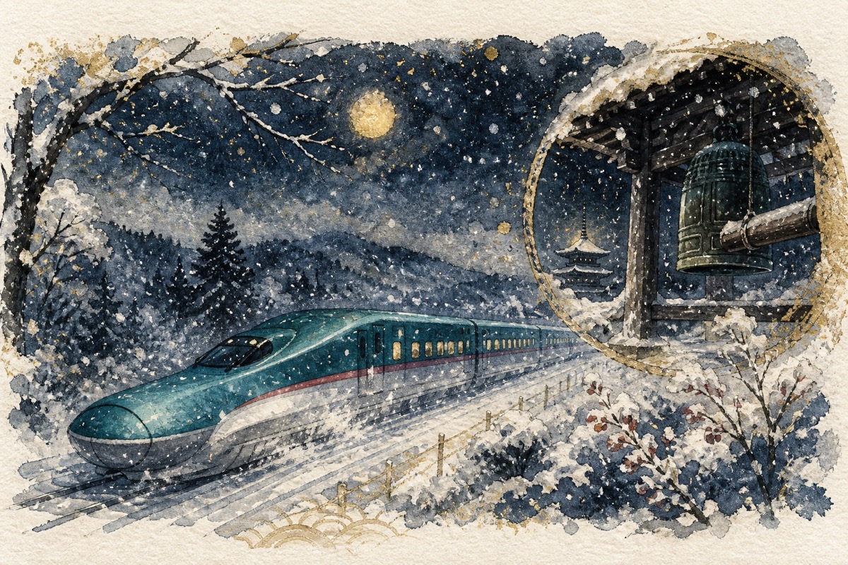新幹線穿越東北雪景並前往除夜之鐘的水彩畫
