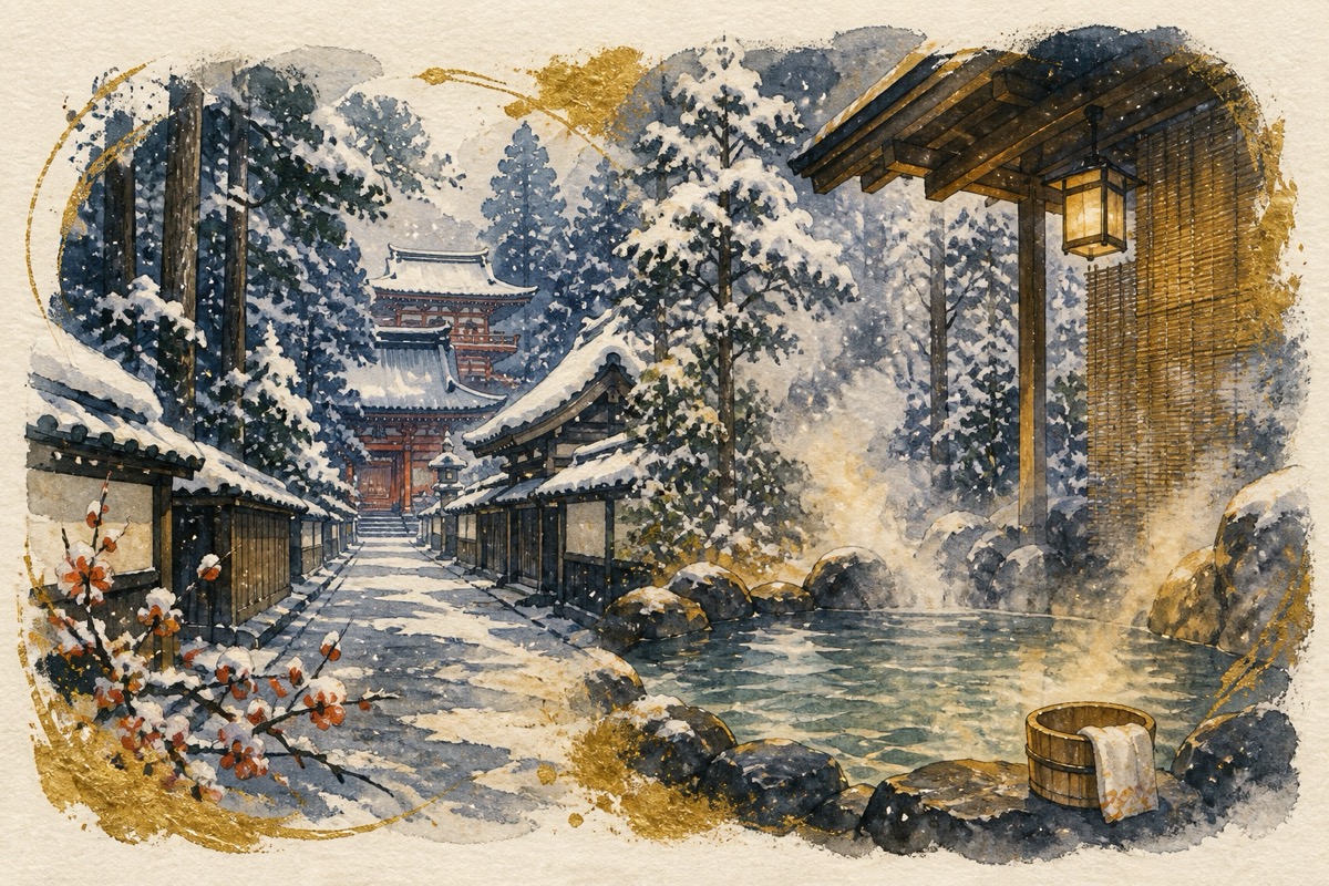 雪中的禪林街與大鰐溫泉暖意水彩畫