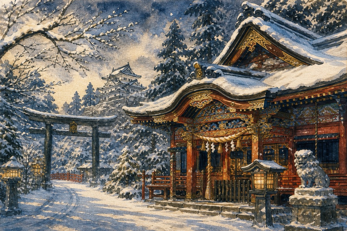 雪中的弘前八幡宮與桃山時代建築細節水彩畫