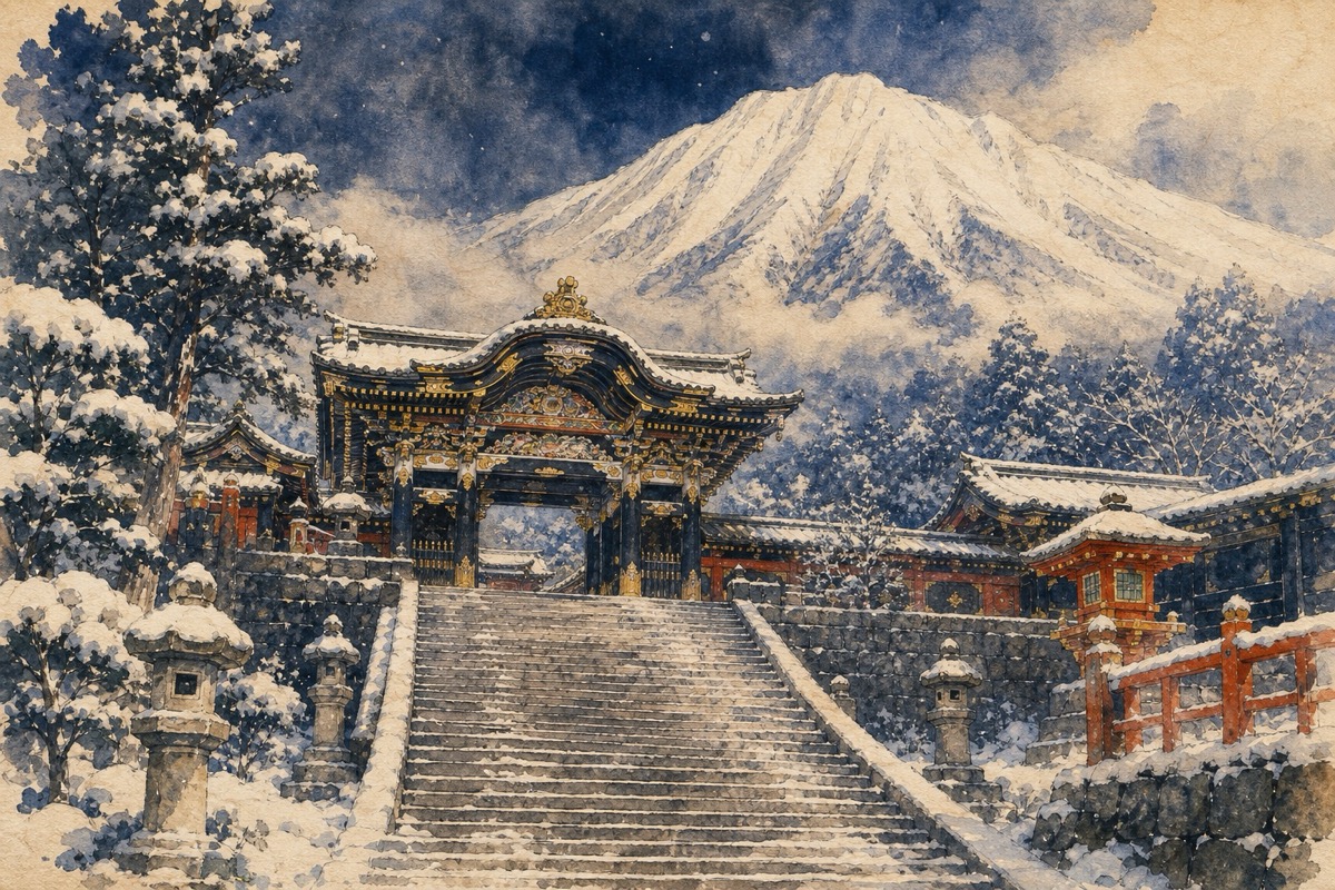 岩木山下雪中的岩木山神社參道與樓門水彩畫
