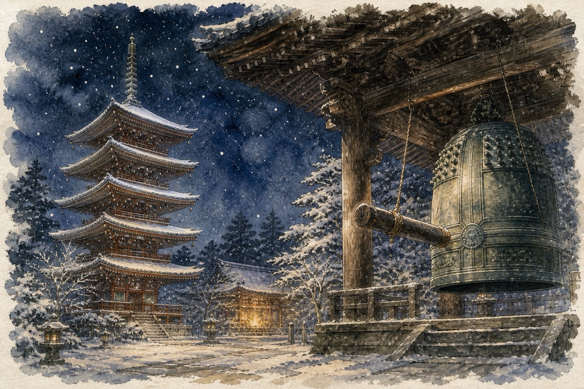 雪夜中的最勝院五重塔、除夜之鐘與護摩火水彩畫