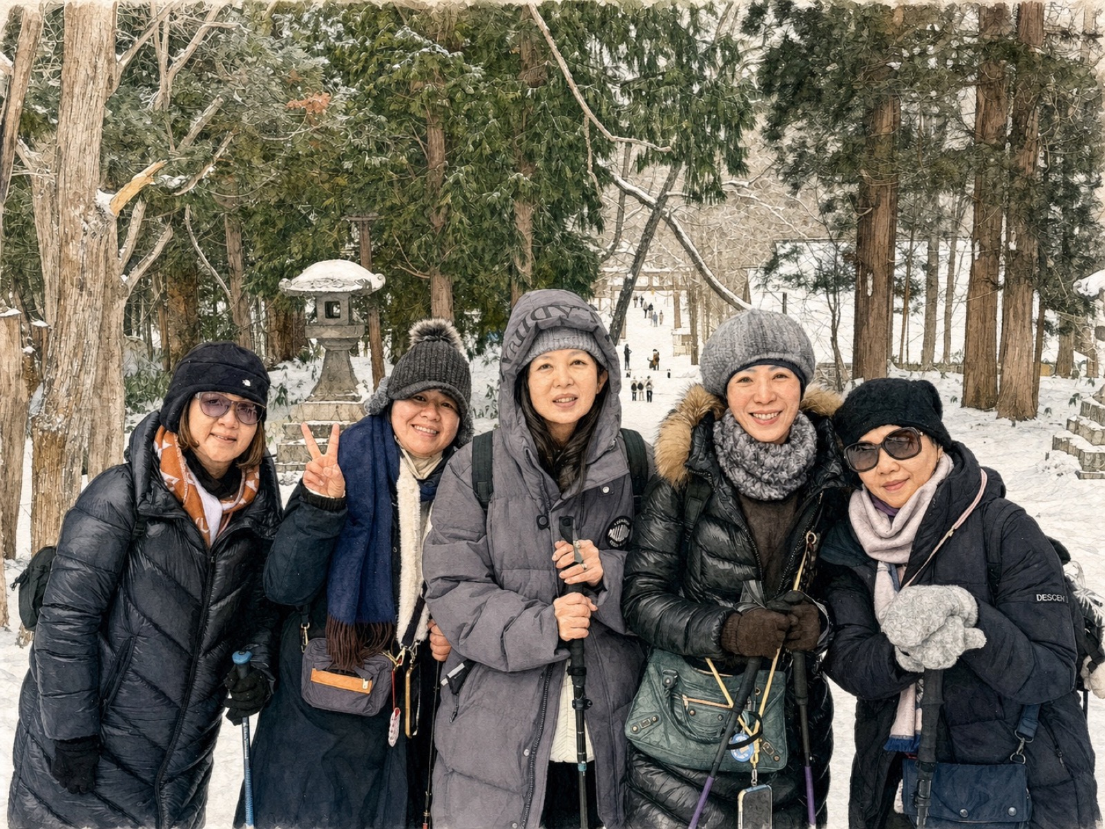 五位高中同學在戶隱的雪地裡靠在一起合照，照片以淡彩手繪風格呈現