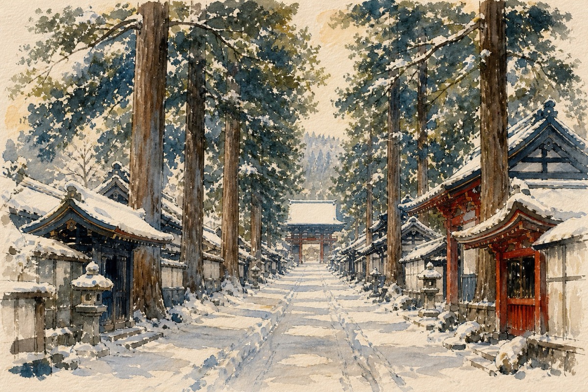 三十三座禪寺沿雪中杉木參道排列的禪林街水彩畫