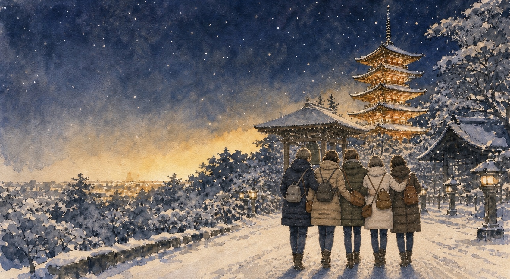 五位身高各異的高中同學穿著羽絨衣、牛仔褲與雪靴，背著後揹包和斜揹包，肩靠著肩走在弘前雪夜中，前方是五重塔與除夜之鐘